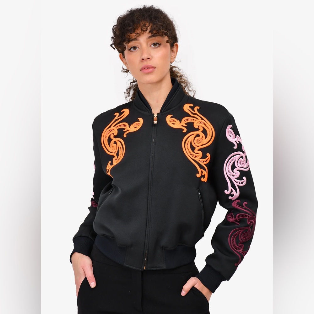 Versace Bomber- Black with multi-color embroidery (orange, purple, and pink)